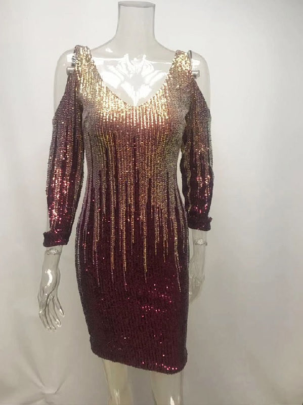 Contrast Color Sequins Long Sleeve Cocktail Dresses