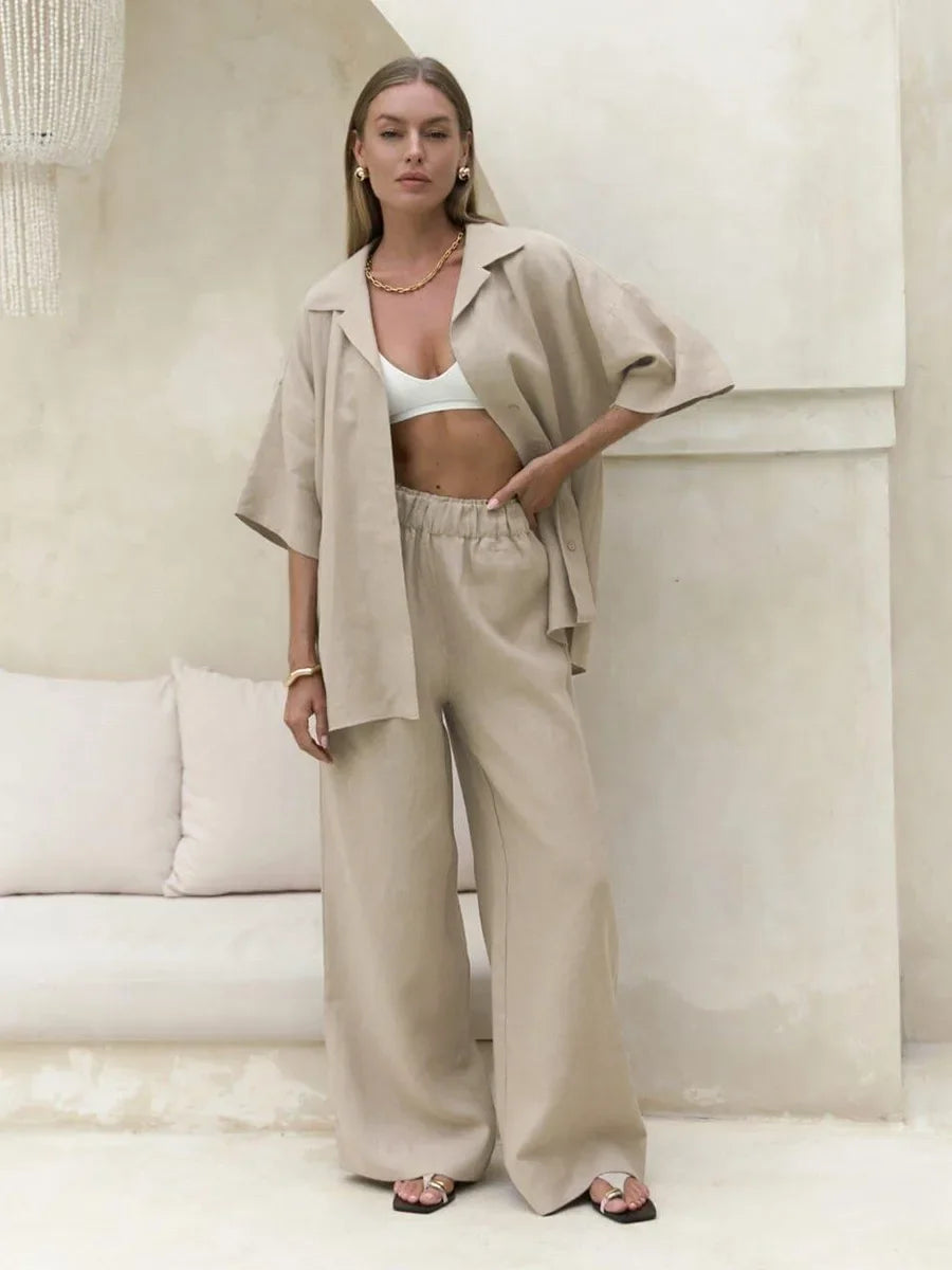 Cotton Short Sleeved Solid Color Shirt Loose Pants Casual Pants 2-piece Set
