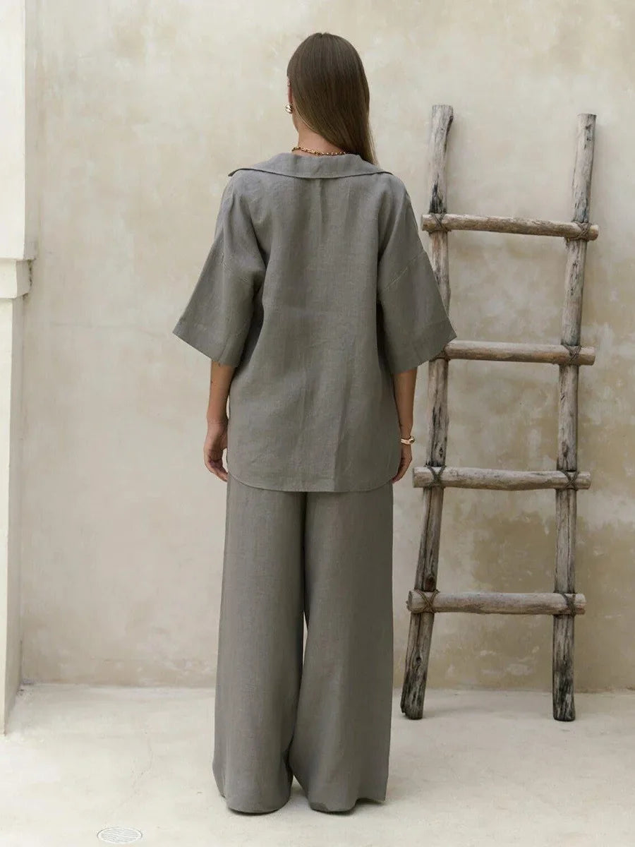 Cotton Short Sleeved Solid Color Shirt Loose Pants Casual Pants 2-piece Set
