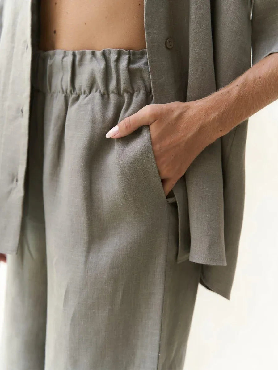Cotton Short Sleeved Solid Color Shirt Loose Pants Casual Pants 2-piece Set