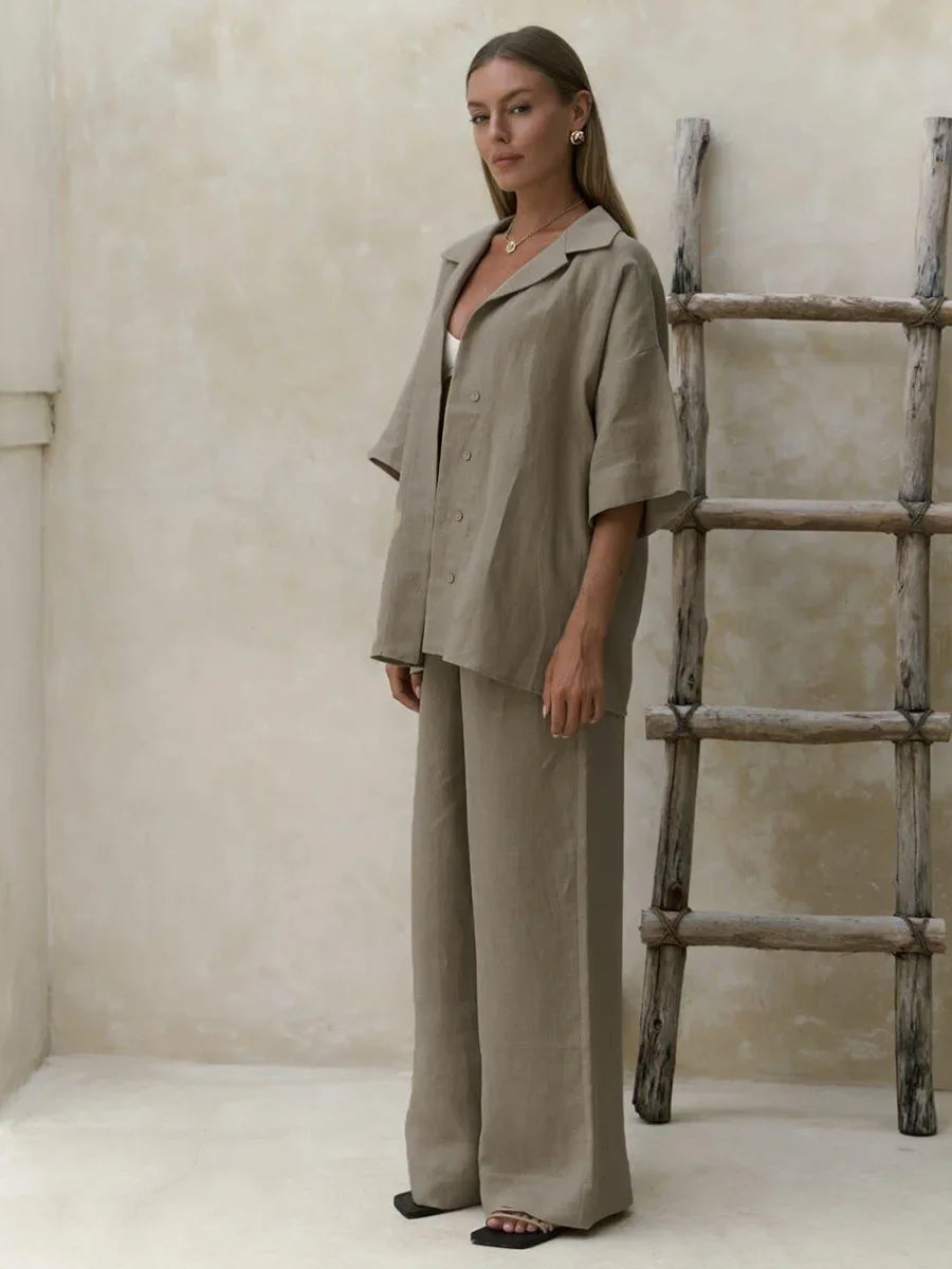 Cotton Short Sleeved Solid Color Shirt Loose Pants Casual Pants 2-piece Set