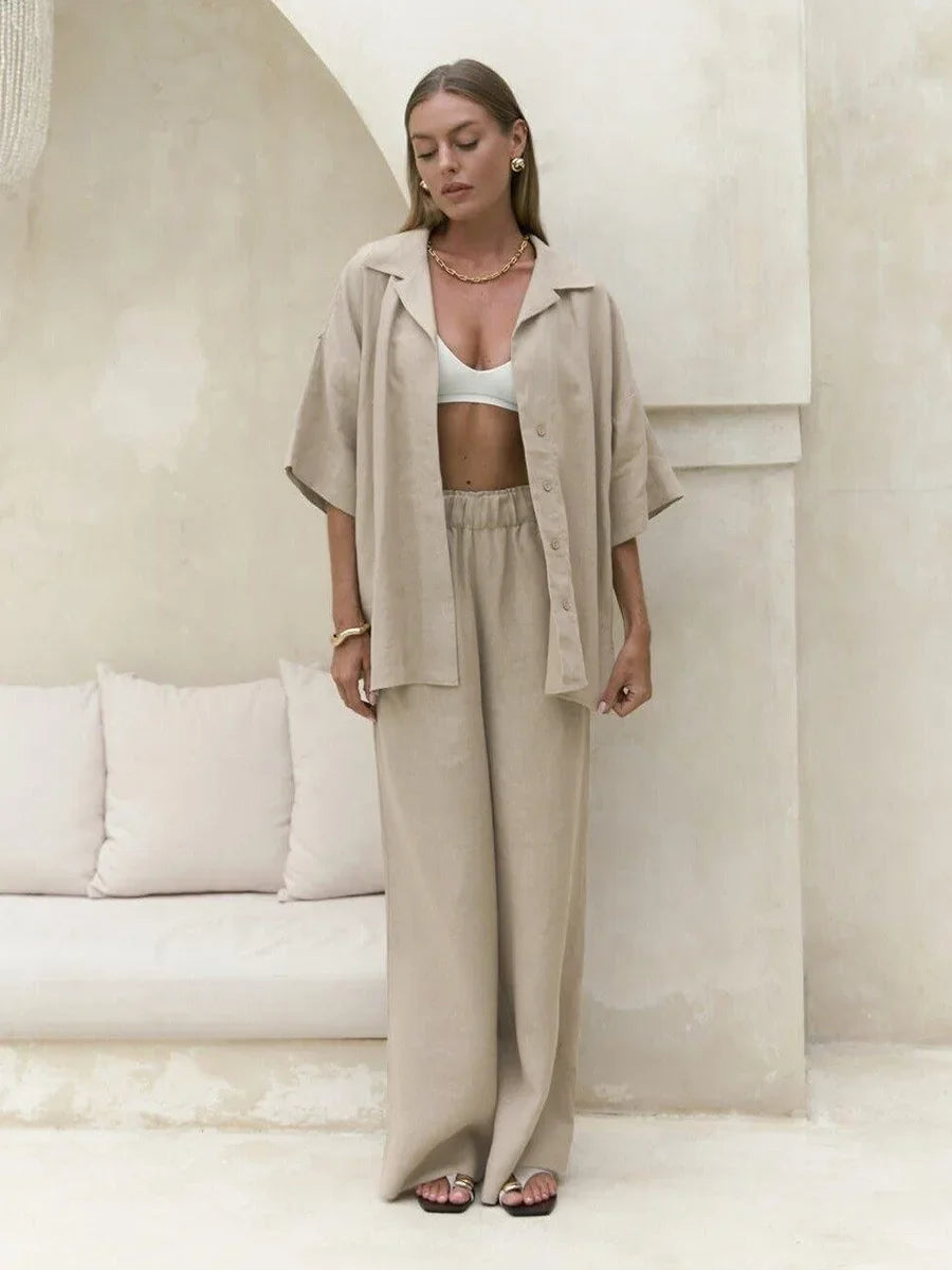Cotton Short Sleeved Solid Color Shirt Loose Pants Casual Pants 2-piece Set