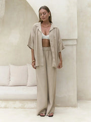 Cotton Short Sleeved Solid Color Shirt Loose Pants Casual Pants 2-piece Set