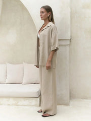 Cotton Short Sleeved Solid Color Shirt Loose Pants Casual Pants 2-piece Set