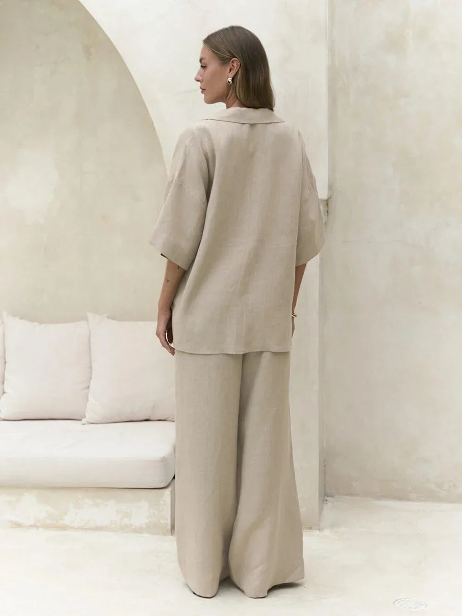 Cotton Short Sleeved Solid Color Shirt Loose Pants Casual Pants 2-piece Set