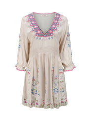 Cotton V Neck Lantern Sleeve Embroidery Beach Casual Dress