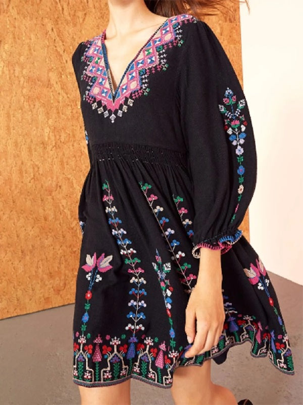 Cotton V Neck Lantern Sleeve Embroidery Beach Casual Dress
