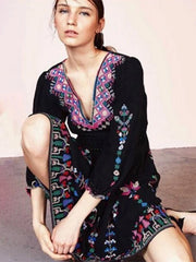 Cotton V Neck Lantern Sleeve Embroidery Beach Casual Dress