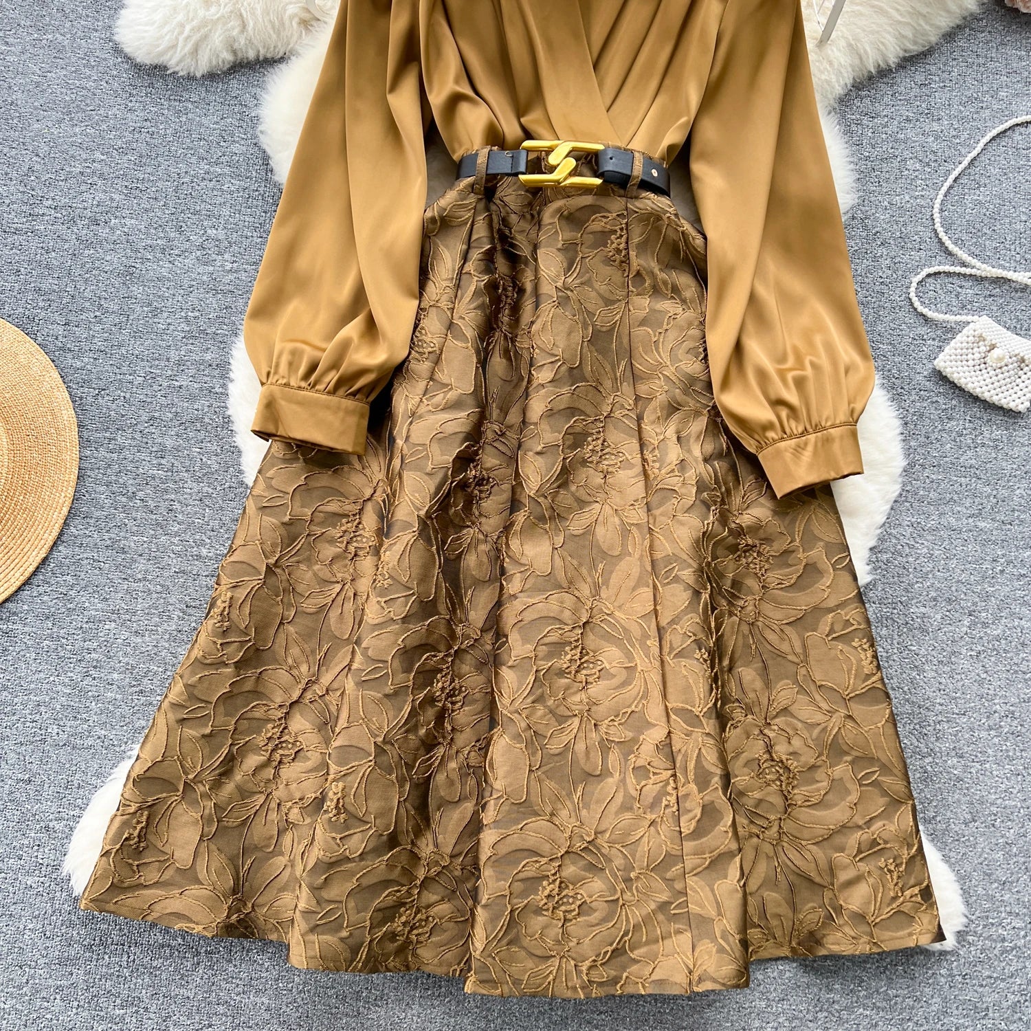 Court Retro Maxi Dresses Jacquard V-neck Patchwork Folds Belted