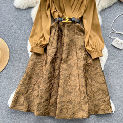 Court Retro Maxi Dresses Jacquard V-neck Patchwork Folds Belted