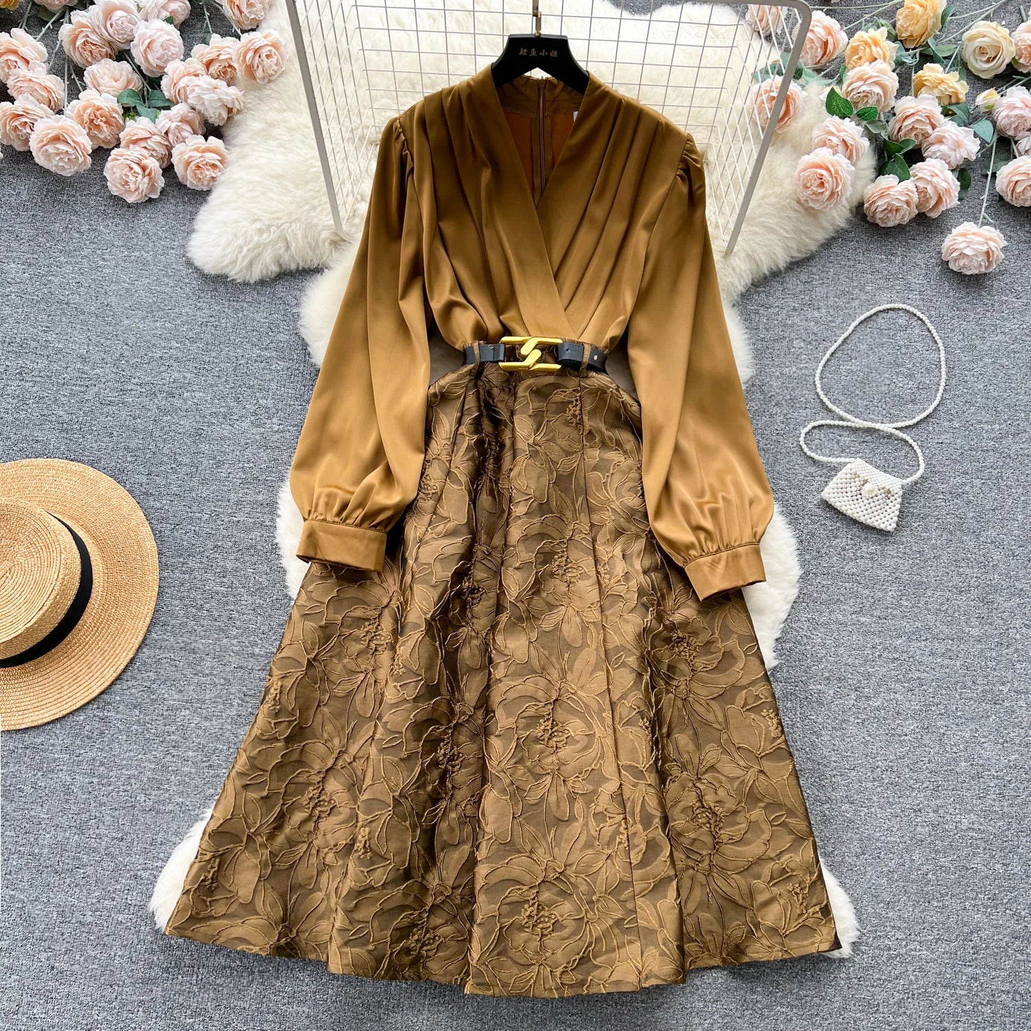Court Retro Maxi Dresses Jacquard V-neck Patchwork Folds Belted