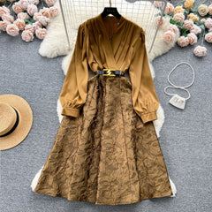 Court Retro Maxi Dresses Jacquard V-neck Patchwork Folds Belted