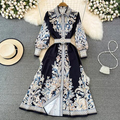 Court Style Dress for Women Floral Printed Turn Down Collar