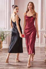Cowl Neck Satin High Slit Tie Straps Evening Bridesmaid Bandage Midi Dresses