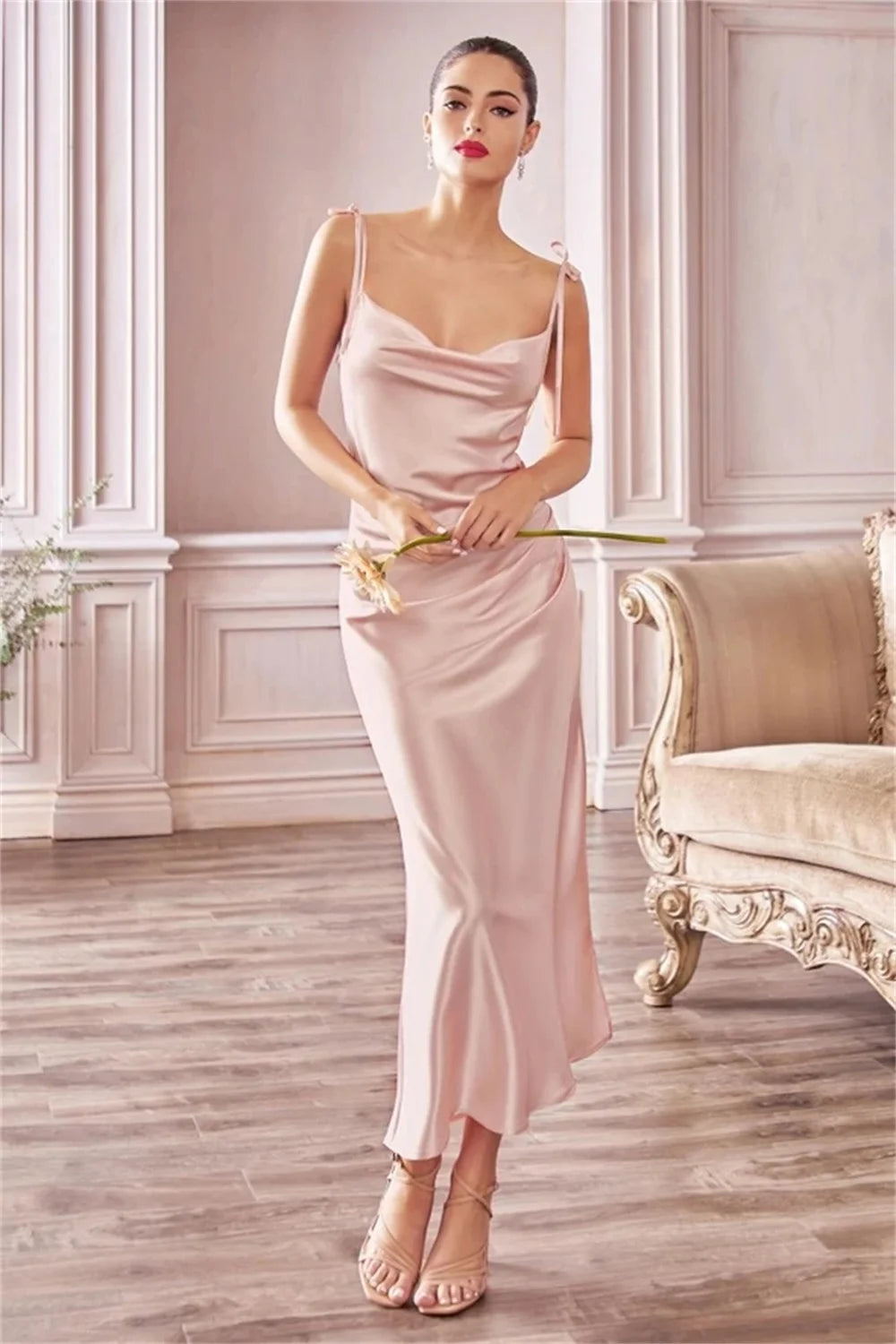 Cowl Neck Satin High Slit Tie Straps Evening Bridesmaid Bandage Midi Dresses