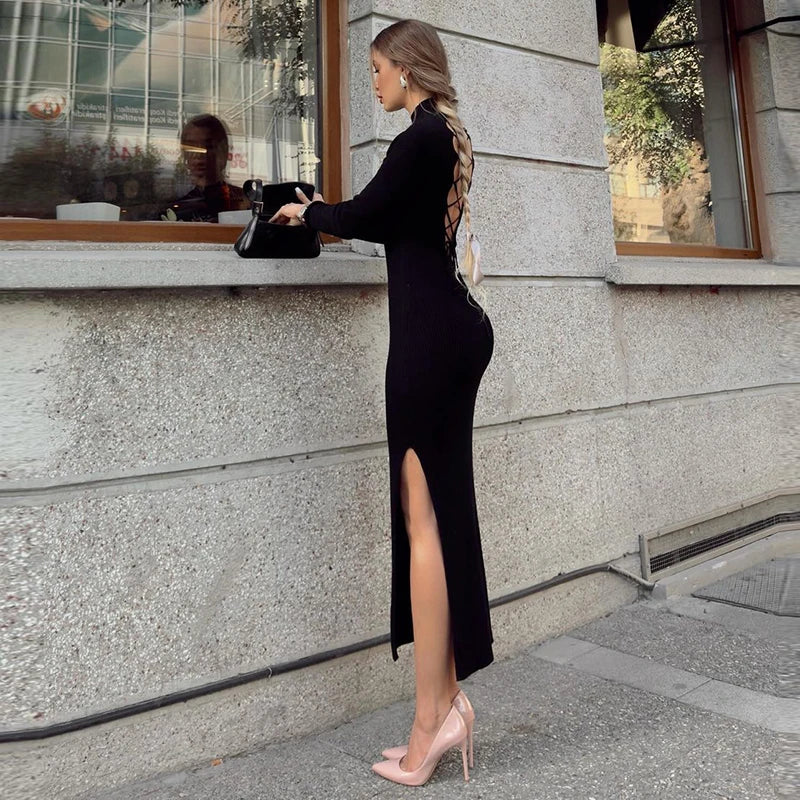 Criss Cross Backless Bodycon Dress Long Evening Party Maxi Dress