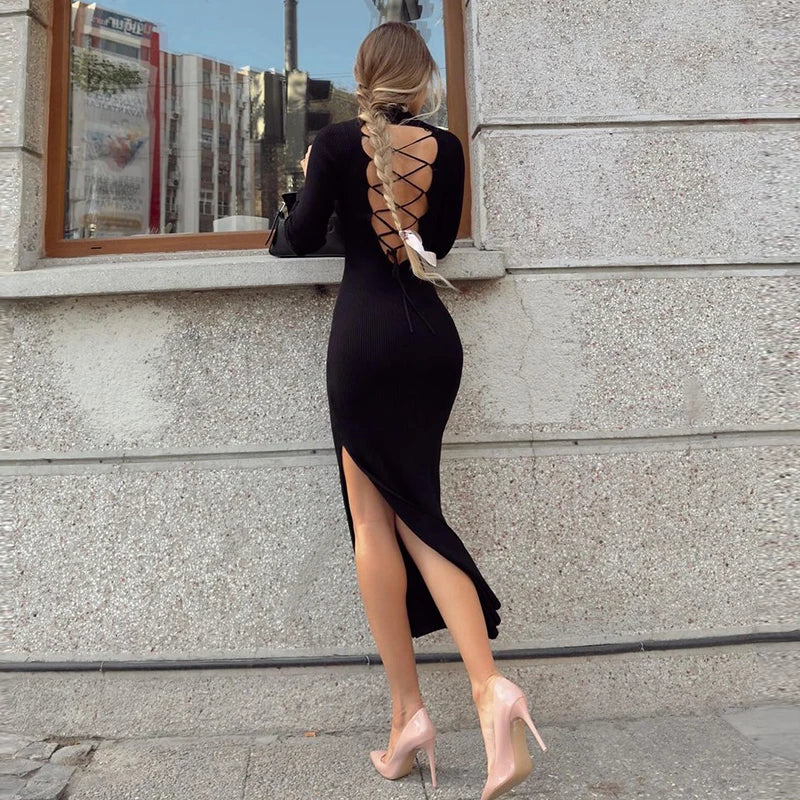 Criss Cross Backless Bodycon Dress Long Evening Party Maxi Dress