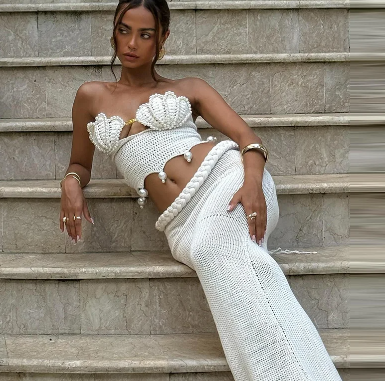 Crochet Knitted Pearl Bra Skirt Suit Backless Hollow Out Beach Holiday Set