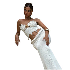 Crochet Knitted Pearl Bra Skirt Suit Backless Hollow Out Beach Holiday Set