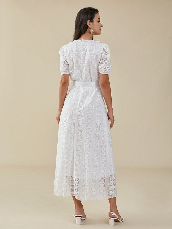Crochet Lace Belt Petern Pan Collar Short Sleeve Dress