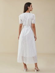 Crochet Lace Belt Petern Pan Collar Short Sleeve Dress