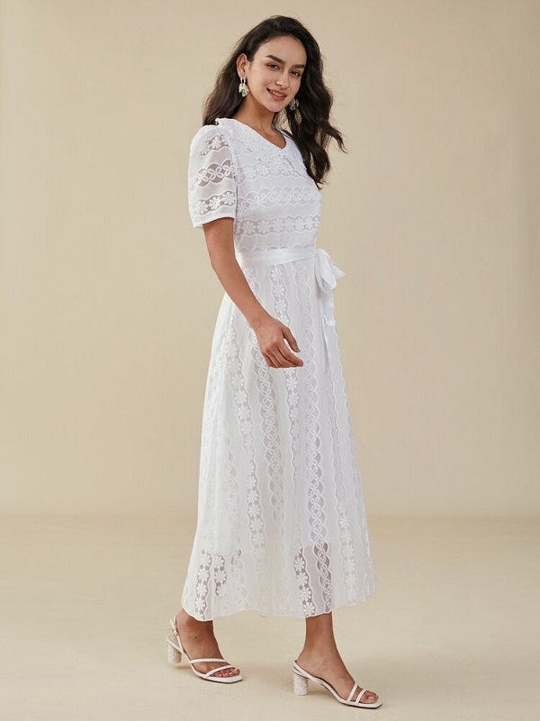 Crochet Lace Belt Petern Pan Collar Short Sleeve Dress