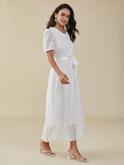 Crochet Lace Belt Petern Pan Collar Short Sleeve Dress