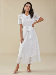 Crochet Lace Belt Petern Pan Collar Short Sleeve Dress