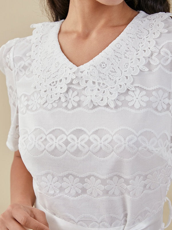Crochet Lace Belt Petern Pan Collar Short Sleeve Dress