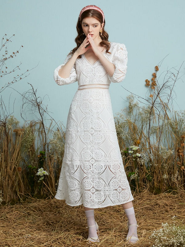 Crochet Lace Hollow Open Back Tie V-neck Puff Sleeve Dress