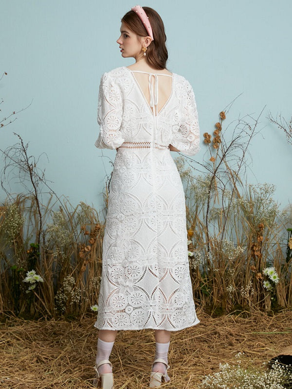 Crochet Lace Hollow Open Back Tie V-neck Puff Sleeve Dress