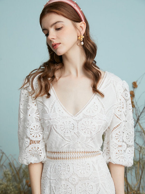 Crochet Lace Hollow Open Back Tie V-neck Puff Sleeve Dress