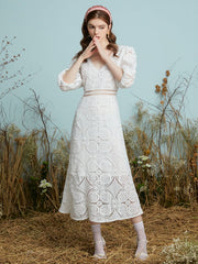 Crochet Lace Hollow Open Back Tie V-neck Puff Sleeve Dress