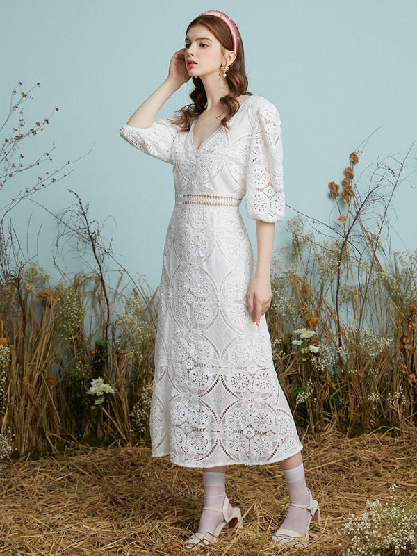 Crochet Lace Hollow Open Back Tie V-neck Puff Sleeve Dress
