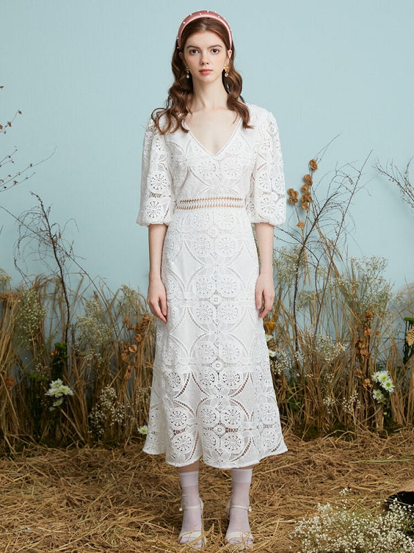 Crochet Lace Hollow Open Back Tie V-neck Puff Sleeve Dress