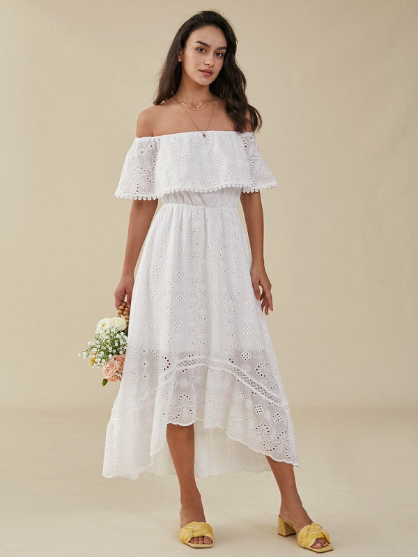 Crochet Lace Off The Shoulder High-low Short Sleeve Dress