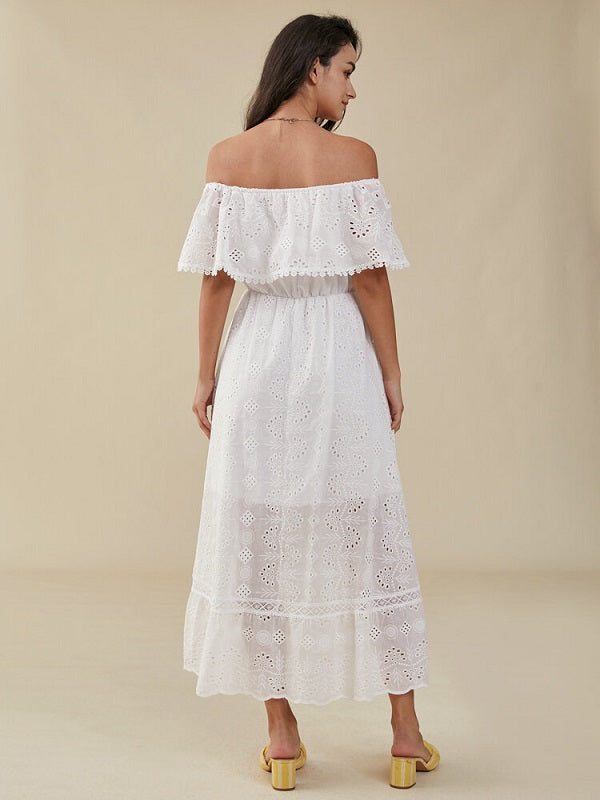Crochet Lace Off The Shoulder High-low Short Sleeve Dress
