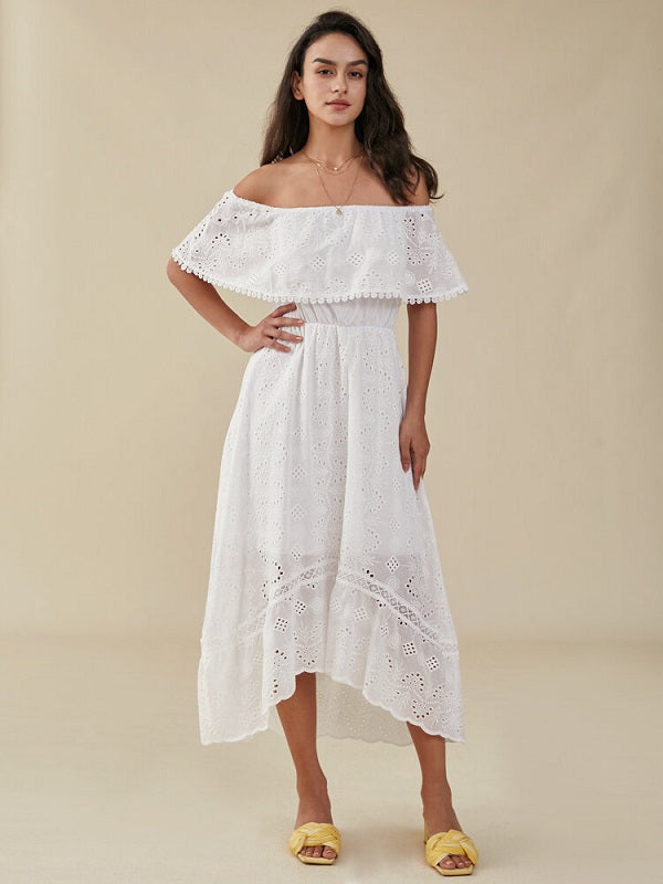 Crochet Lace Off The Shoulder High-low Short Sleeve Dress