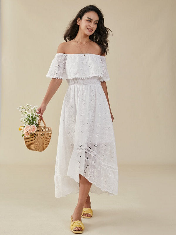 Crochet Lace Off The Shoulder High-low Short Sleeve Dress