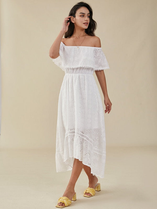 Crochet Lace Off The Shoulder High-low Short Sleeve Dress
