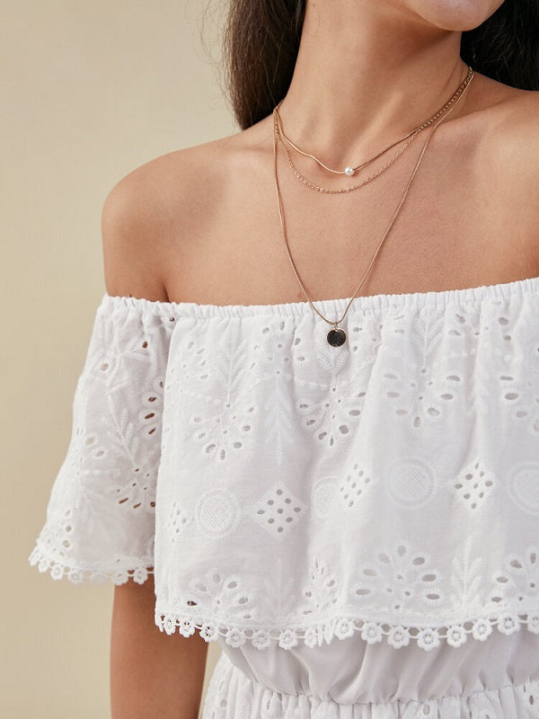 Crochet Lace Off The Shoulder High-low Short Sleeve Dress