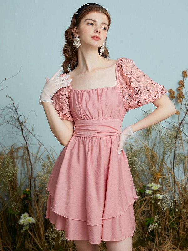 Crochet Lace Puff Sleeve Layered Back Knotted Dress