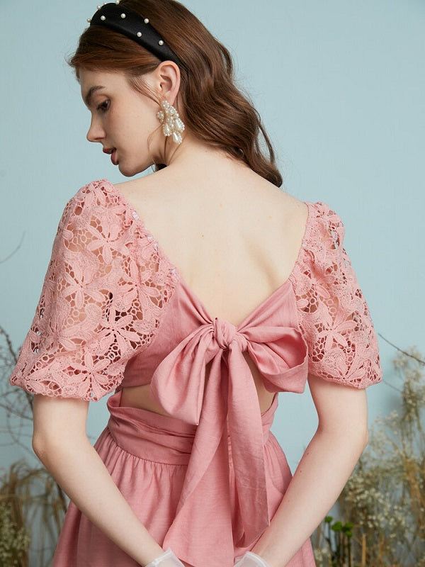 Crochet Lace Puff Sleeve Layered Back Knotted Dress
