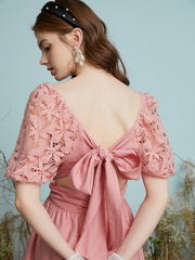 Crochet Lace Puff Sleeve Layered Back Knotted Dress