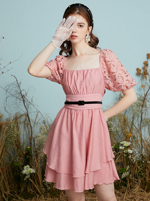 Crochet Lace Puff Sleeve Layered Back Knotted Dress