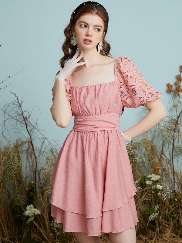 Crochet Lace Puff Sleeve Layered Back Knotted Dress