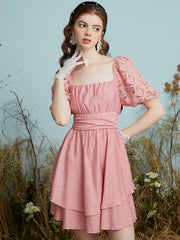 Crochet Lace Puff Sleeve Layered Back Knotted Dress