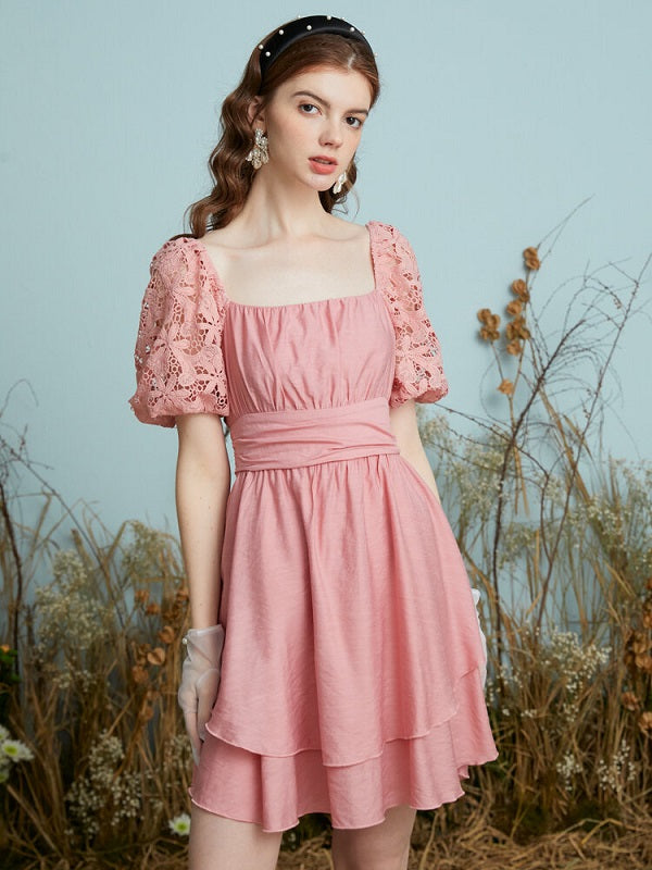 Crochet Lace Puff Sleeve Layered Back Knotted Dress