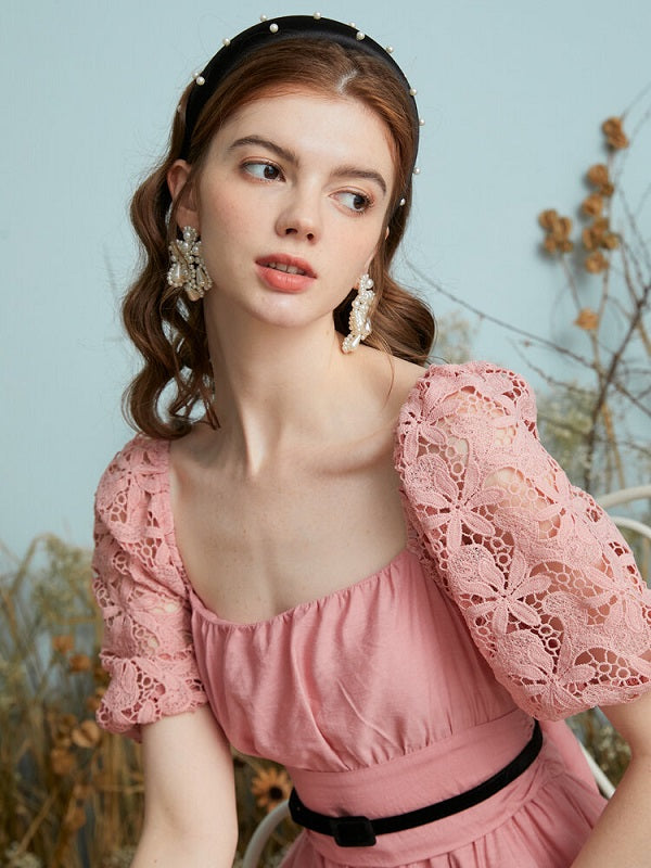 Crochet Lace Puff Sleeve Layered Back Knotted Dress