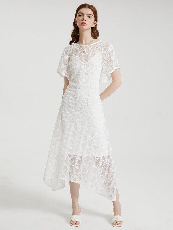 Crochet Lace Tie Solid Short Sleeve Two Pieces Dress